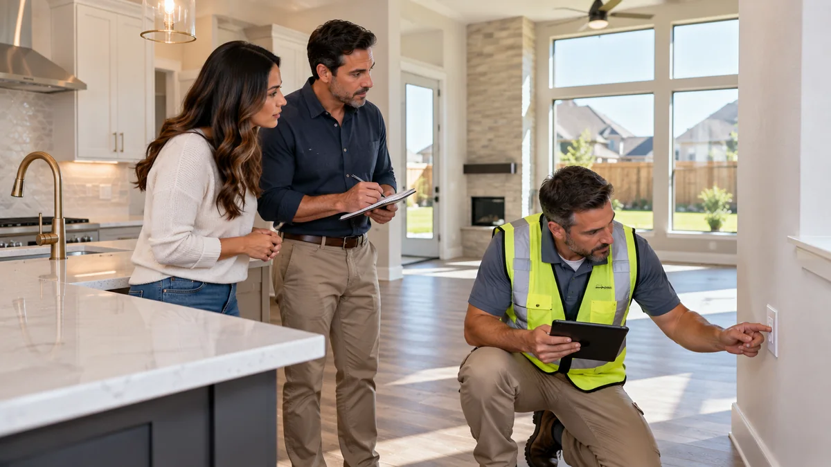 Home inspector checking an electrical outlet with homeowners during a final inspection of a newly built home