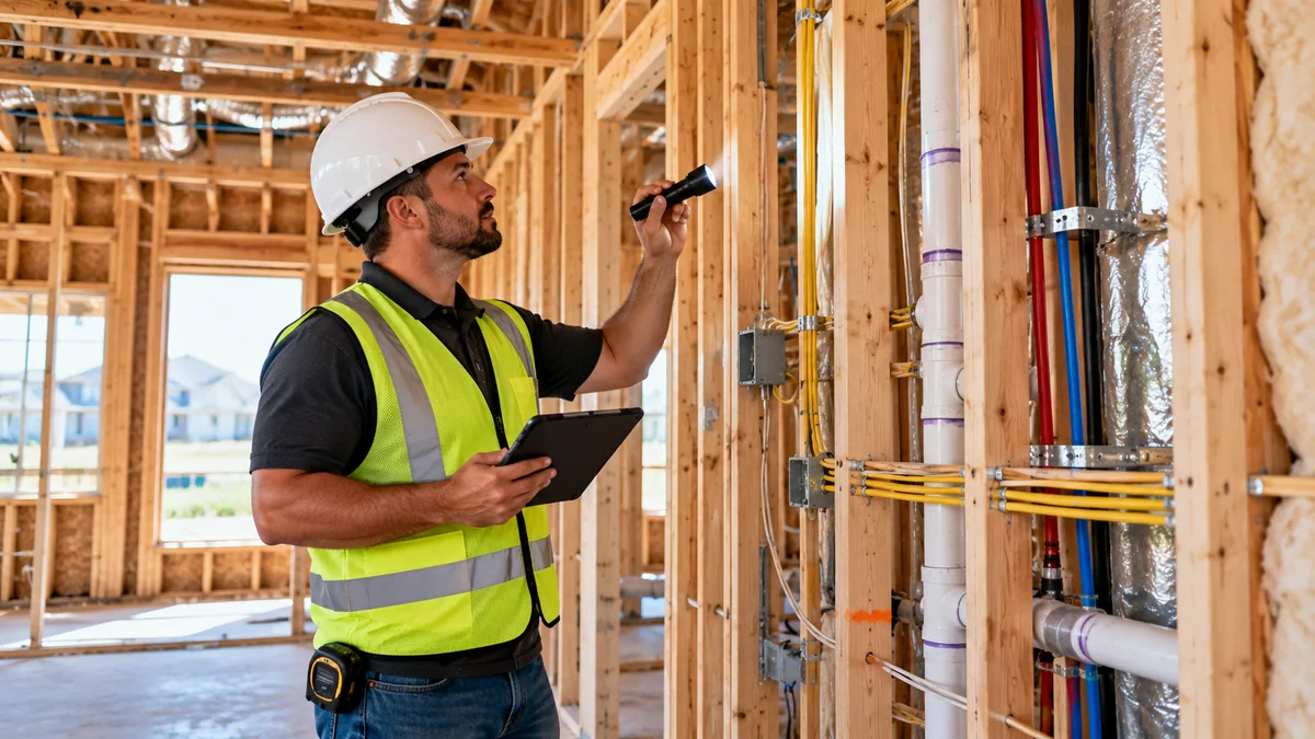 Home inspector reviewing exposed framing, electrical wiring, plumbing and HVAC during a pre-drywall inspection
